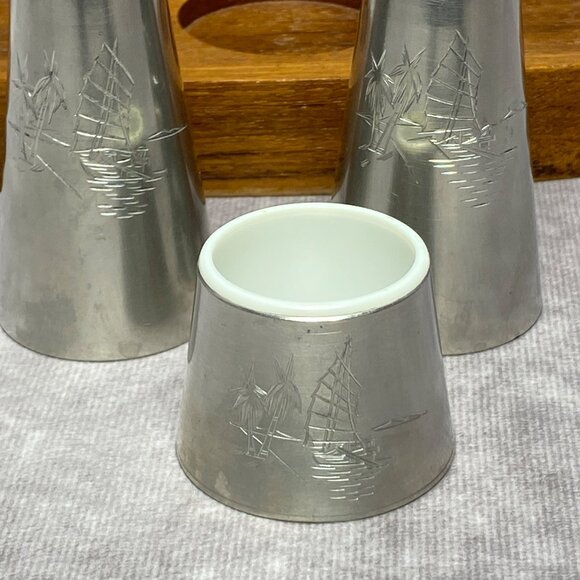 Vintage Selangor Pewter 4PC Salt & Pepper Shakers Mustard Pot on Teak Wood - Picture 2 of 15